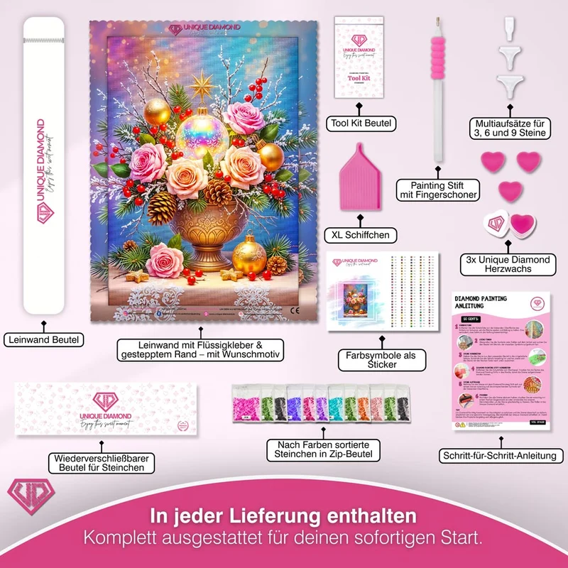 5D Diamond Painting – Weihnachtsbouquet mit Rosen und Kugeln