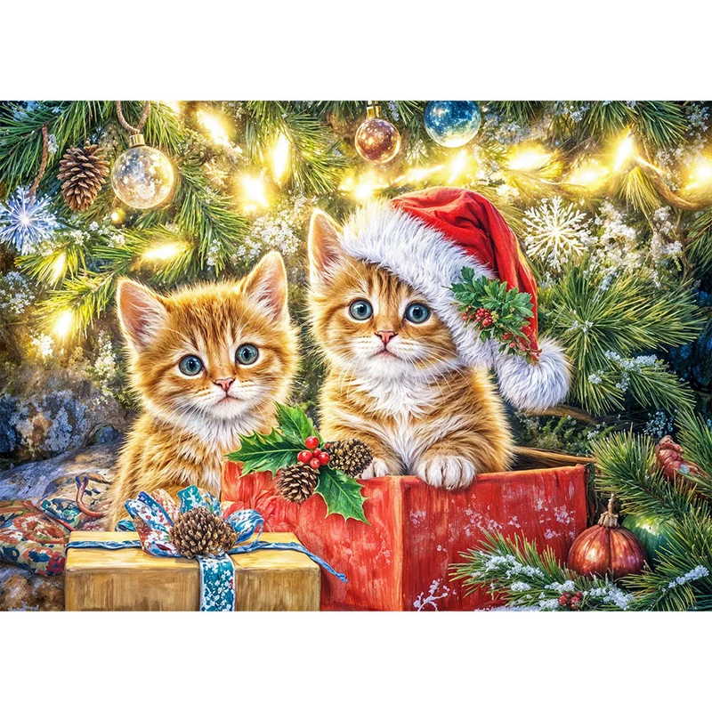 5D Diamond Painting – Weihnachtskätzchen im Geschenkzauber