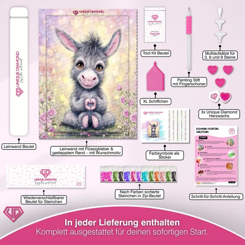 5D Diamond Painting – Herzchen-Esel in Rosengarten