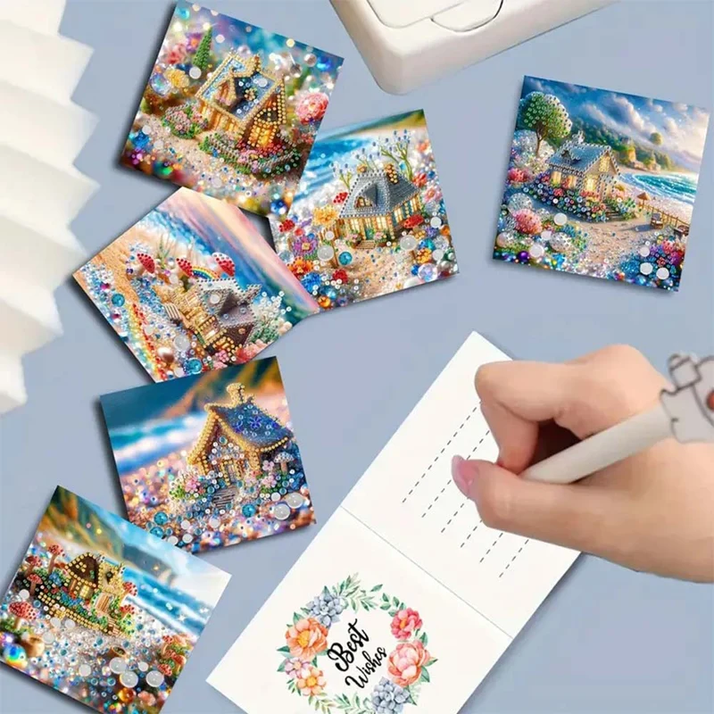 5D Diamond Painting Grußkarten – Glitzerhäuschen am Meer