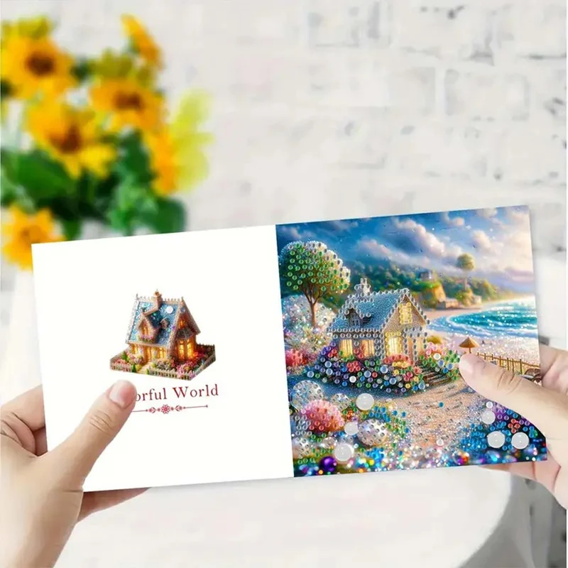 5D Diamond Painting Grußkarten – Glitzerhäuschen am Meer