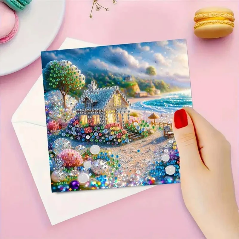 5D Diamond Painting Grußkarten – Glitzerhäuschen am Meer