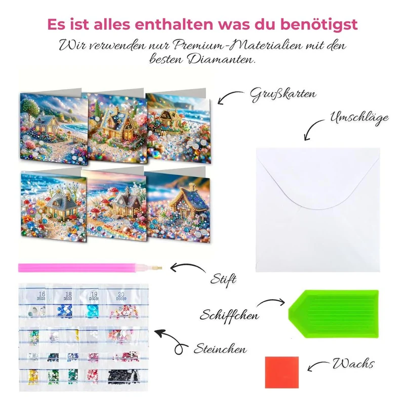 5D Diamond Painting Grußkarten – Glitzerhäuschen am Meer