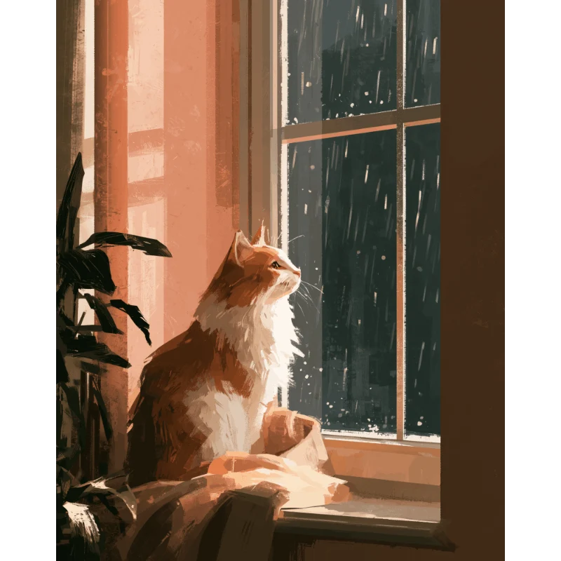 Katze am verschneiten Fenster