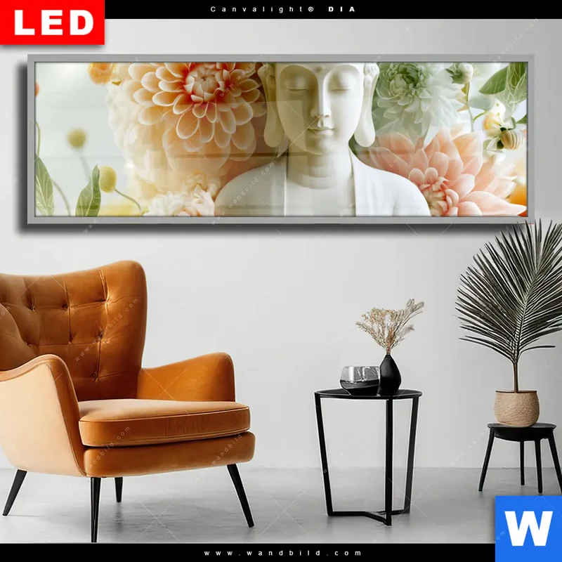 Wechselmotiv Acrylglas Canvalight® DIA | Buddha im Blütenglück | Panorama