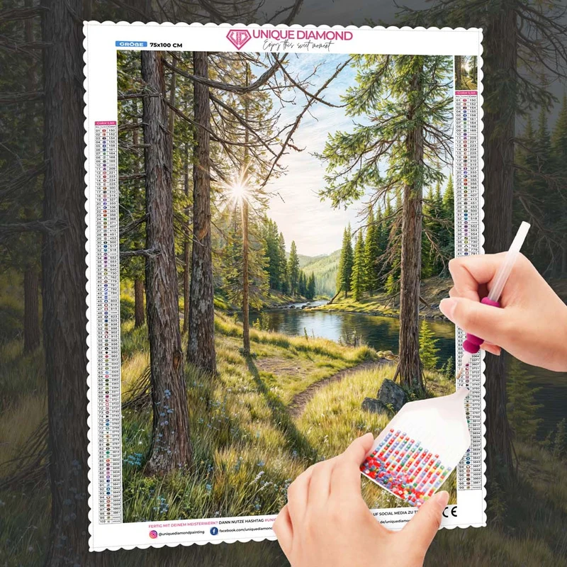 5D Diamond Painting – Morgenglanz am Waldpfad