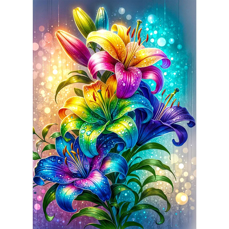 5D Diamond Painting – Regenbogenlilien im Lichtzauber