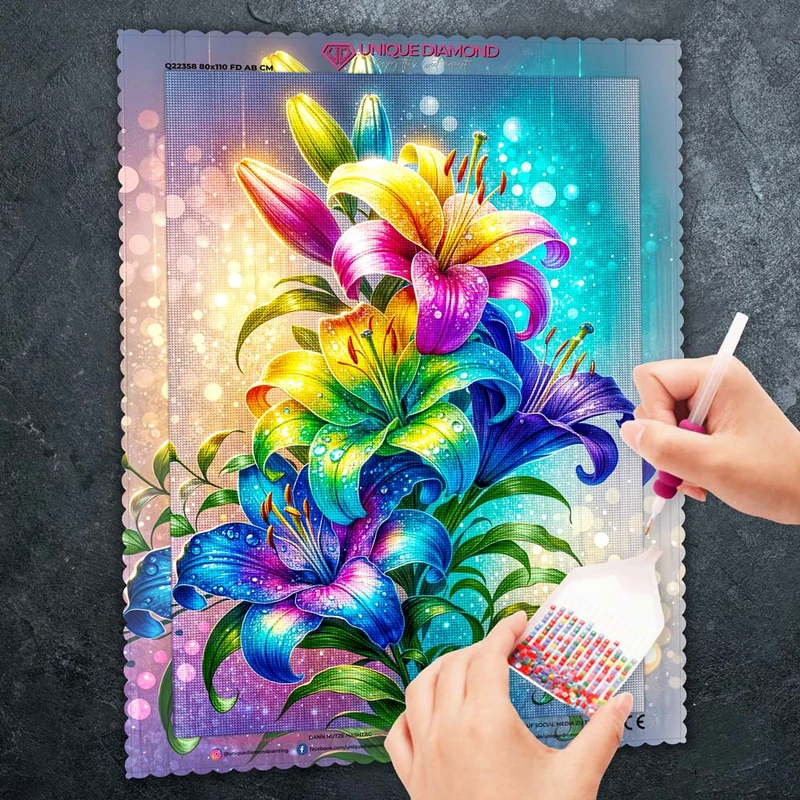 5D Diamond Painting – Regenbogenlilien im Lichtzauber
