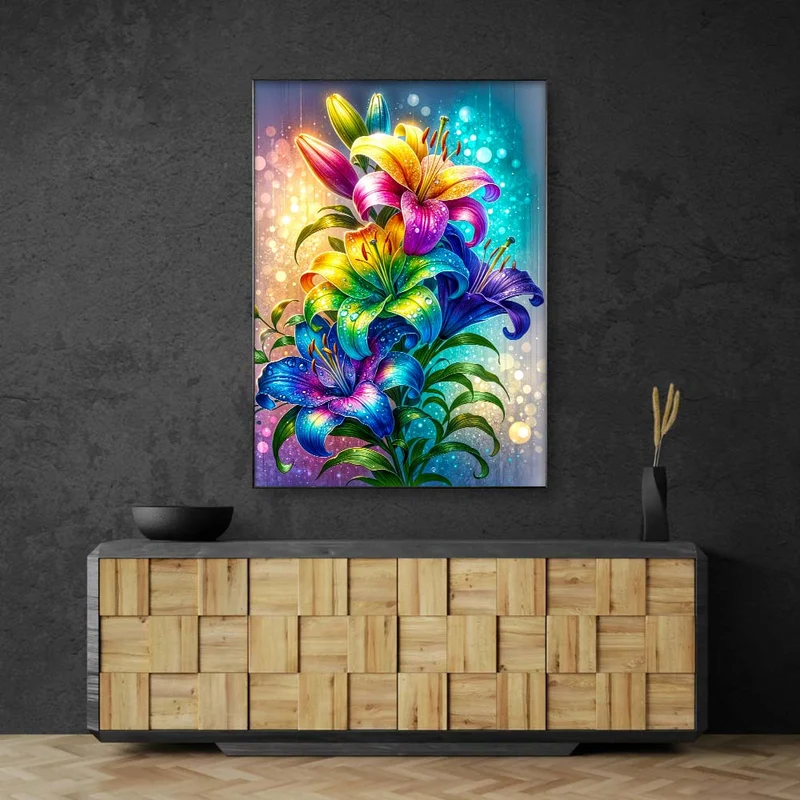 5D Diamond Painting – Regenbogenlilien im Lichtzauber
