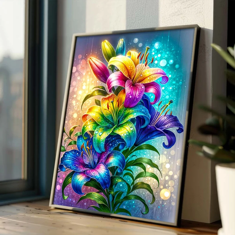 5D Diamond Painting – Regenbogenlilien im Lichtzauber
