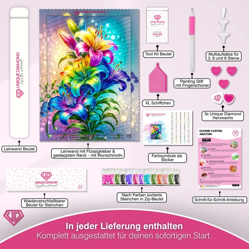 5D Diamond Painting – Regenbogenlilien im Lichtzauber
