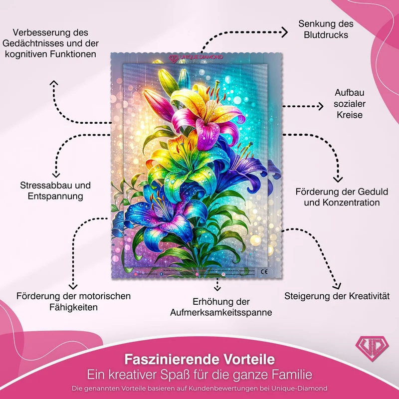 5D Diamond Painting – Regenbogenlilien im Lichtzauber
