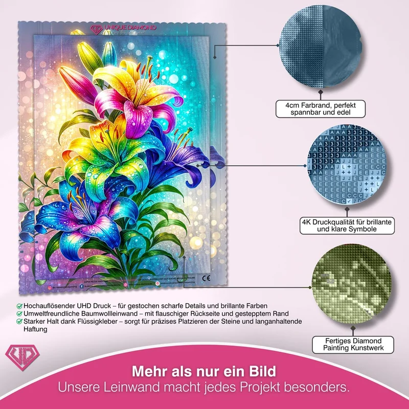 5D Diamond Painting – Regenbogenlilien im Lichtzauber