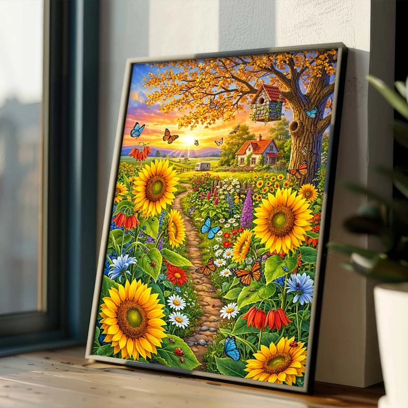 5D Diamond Painting – Sonnenblumentraum im Schmetterlingsgarten