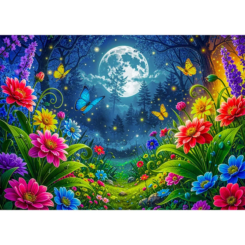 5D Diamond Painting – Mondlichtzauber im Blütenhain