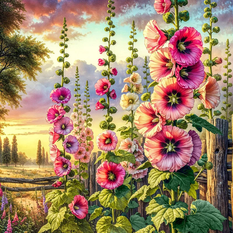 5D Diamond Painting – Stockrosen im Abendgold