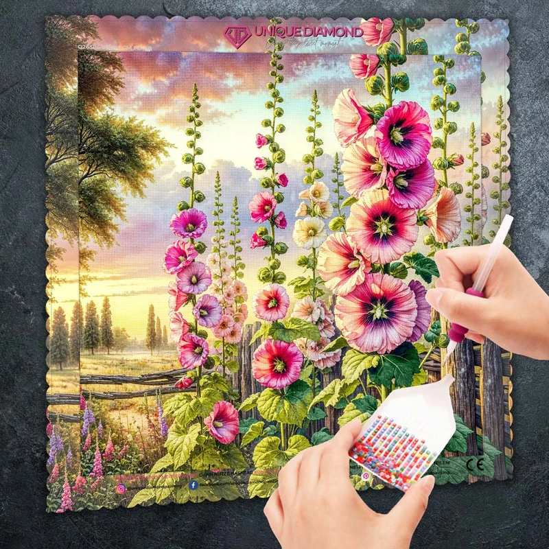 5D Diamond Painting – Stockrosen im Abendgold