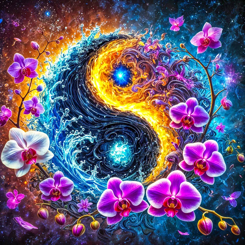 5D Diamond Painting – Kosmisches Yin & Yang mit Orchideen