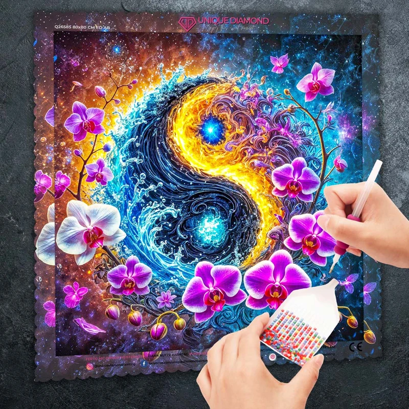 5D Diamond Painting – Kosmisches Yin & Yang mit Orchideen