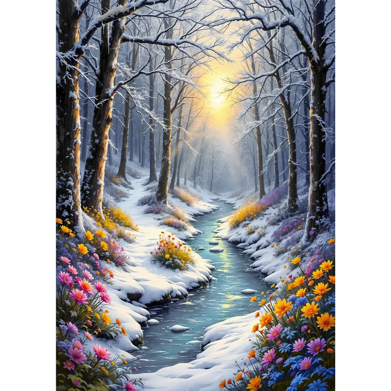 5D Diamond Painting – Frühlingslicht im Winterwald
