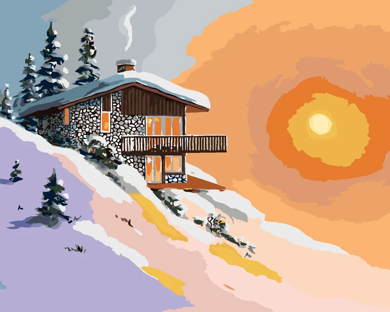 Diamond painting - VERSCHNEITE HÜTTE BEI SONNENUNTERGANG (D. RUSTY RUST)