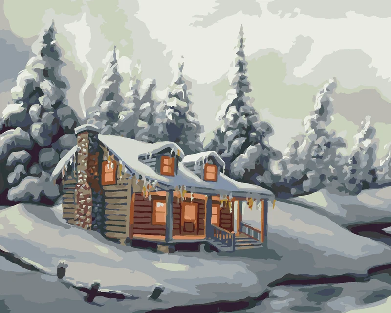 Diamond painting - SCHNEEBEDECKTE BÄUME, FLUSS UND HÜTTE IM WINTER (D. RUSTY RUST)
