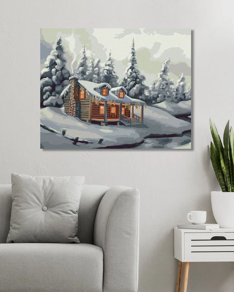 Diamond painting - SCHNEEBEDECKTE BÄUME, FLUSS UND HÜTTE IM WINTER (D. RUSTY RUST)