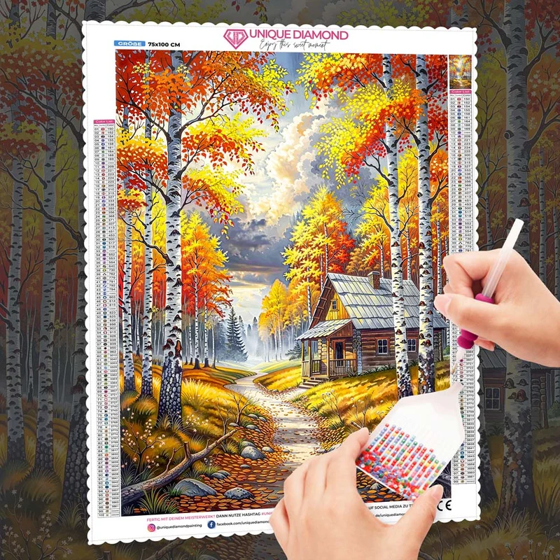 5D Diamond Painting – Hütte der goldenen Blätter