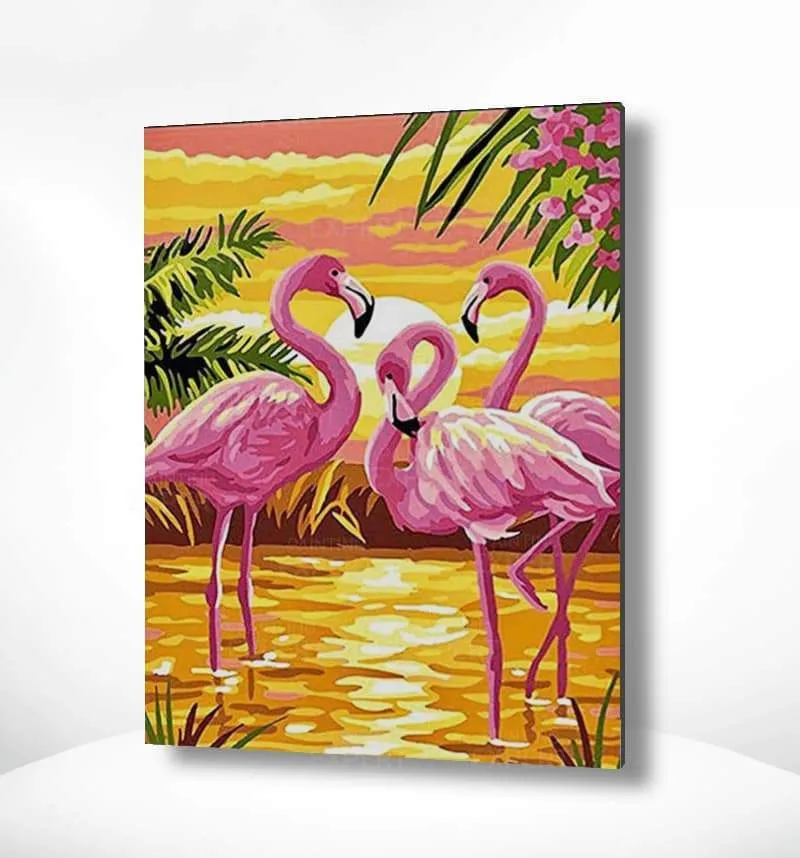 Malen nach Zahlen Flamingos mit Sonnenuntergang