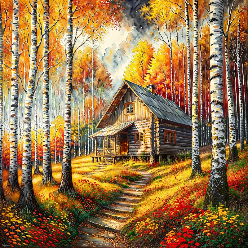 5D Diamond Painting – Hütte im goldenen Flammenwald