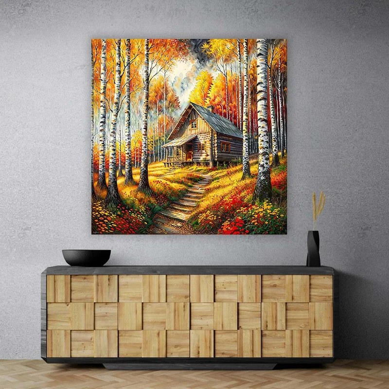 5D Diamond Painting – Hütte im goldenen Flammenwald