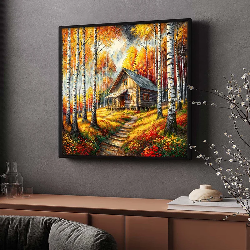5D Diamond Painting – Hütte im goldenen Flammenwald