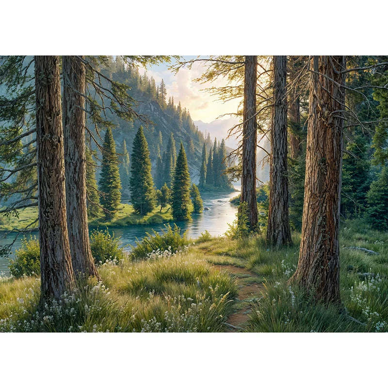 5D Diamond Painting – Morgenglanz im Tannental