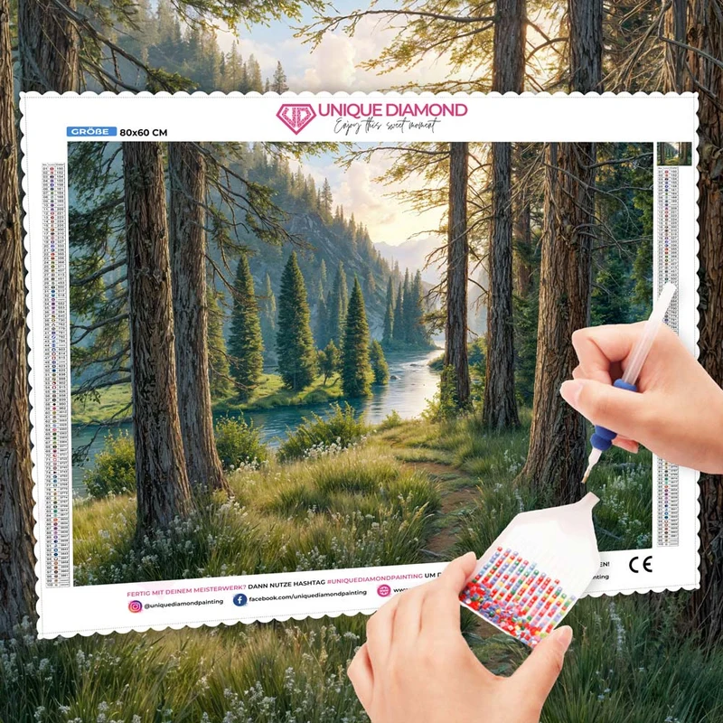 5D Diamond Painting – Morgenglanz im Tannental
