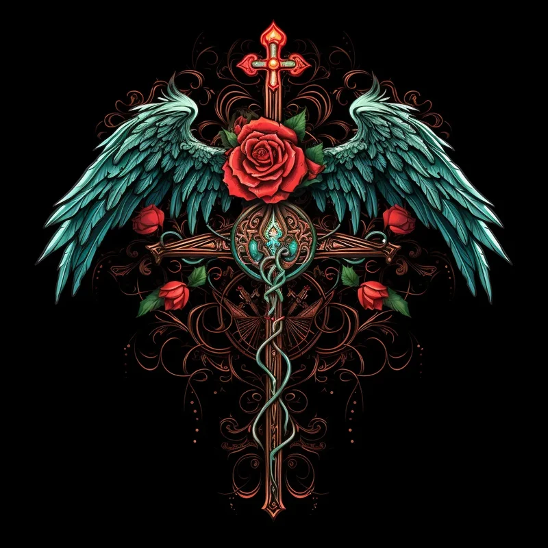 Teal Green Wings Rose Cross Diamond Art Kit
