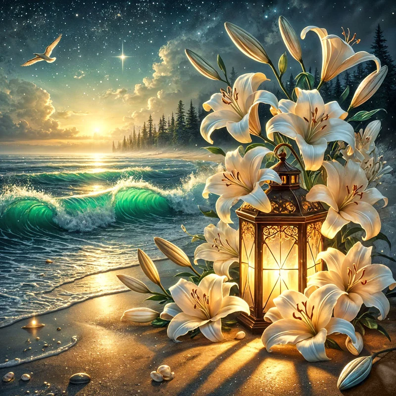 5D Diamond Painting – Lilienlicht am Abendmeer