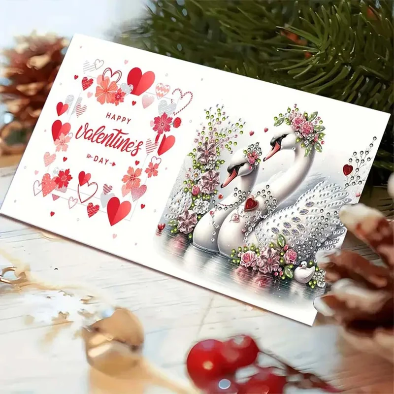 5D Diamond Painting Grußkarten – Schwanenliebe in Rot & Weiß