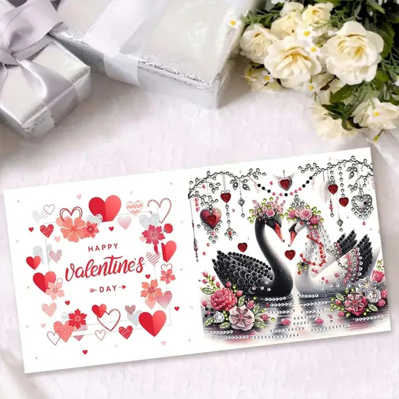 5D Diamond Painting Grußkarten – Schwanenliebe in Rot & Weiß