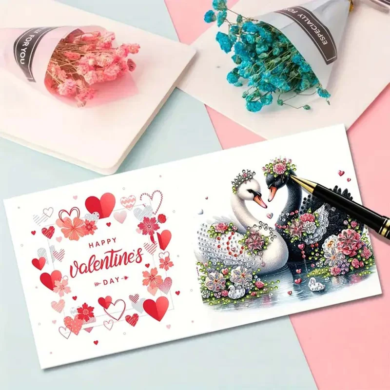 5D Diamond Painting Grußkarten – Schwanenliebe in Rot & Weiß