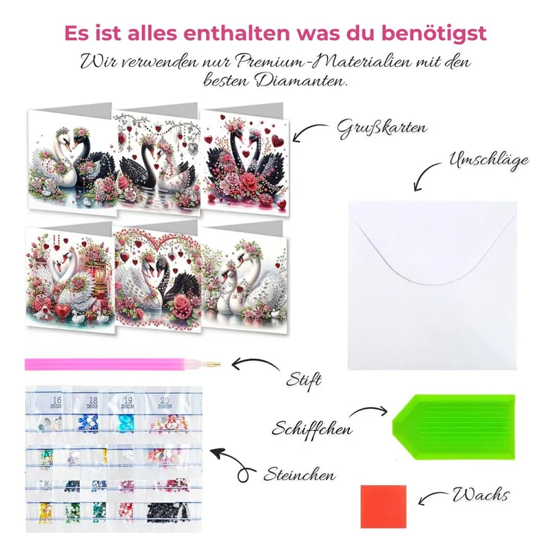 5D Diamond Painting Grußkarten – Schwanenliebe in Rot & Weiß
