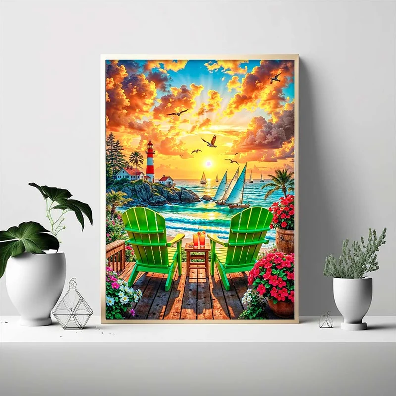 5D Diamond Painting – Leuchtturm der goldenen Stunde