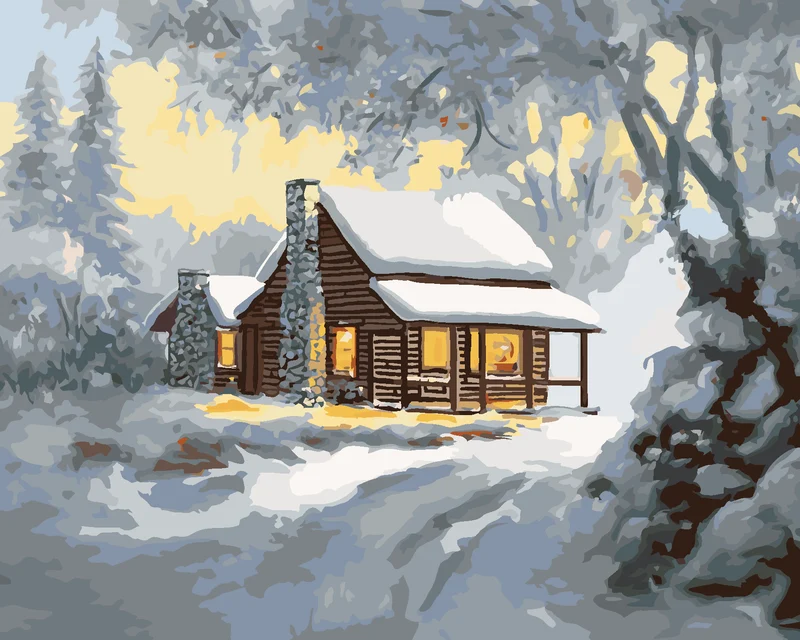 Diamond painting - VERSCHNEITES BLOCKHAUS IN DER MORGENDÄMMERUNG (D. RUSTY RUST)