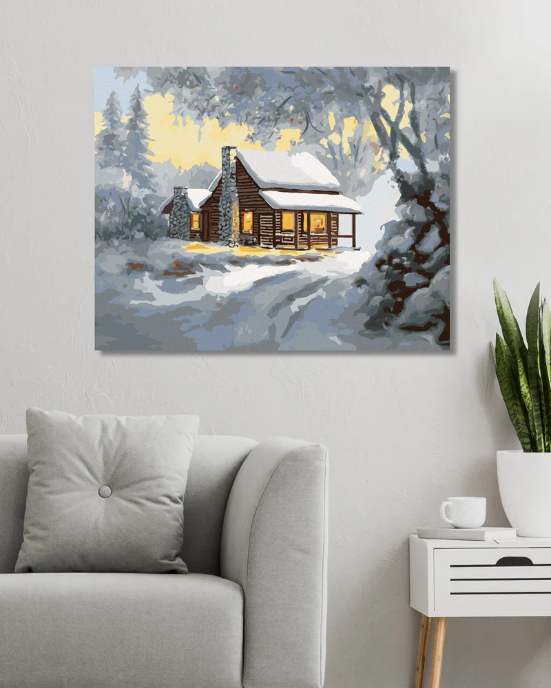 Diamond painting - VERSCHNEITES BLOCKHAUS IN DER MORGENDÄMMERUNG (D. RUSTY RUST)