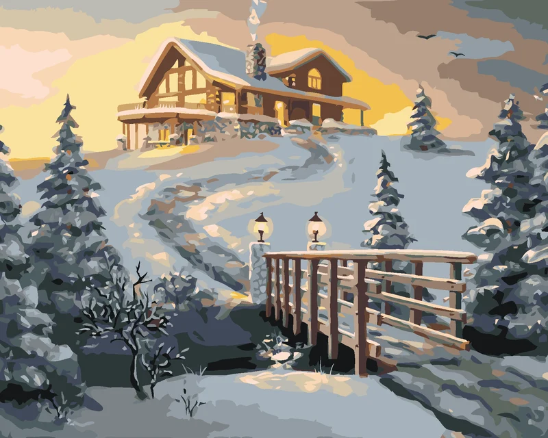 Diamond painting - VERSCHNEITES BLOCKHAUS IN DER MORGENDÄMMERUNG (D. RUSTY RUST)