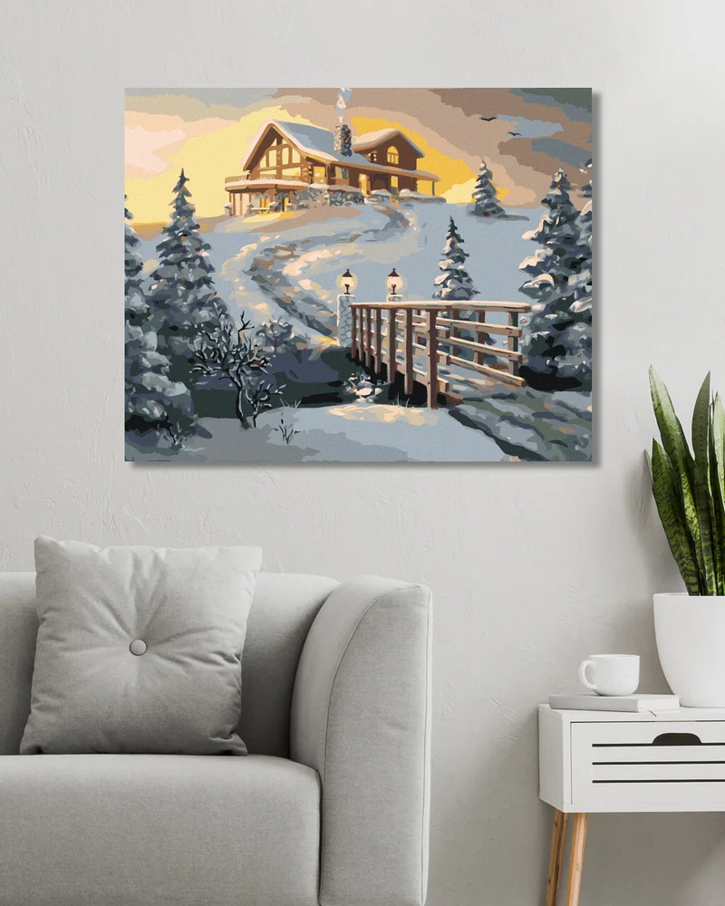 Diamond painting - VERSCHNEITES BLOCKHAUS IN DER MORGENDÄMMERUNG (D. RUSTY RUST)
