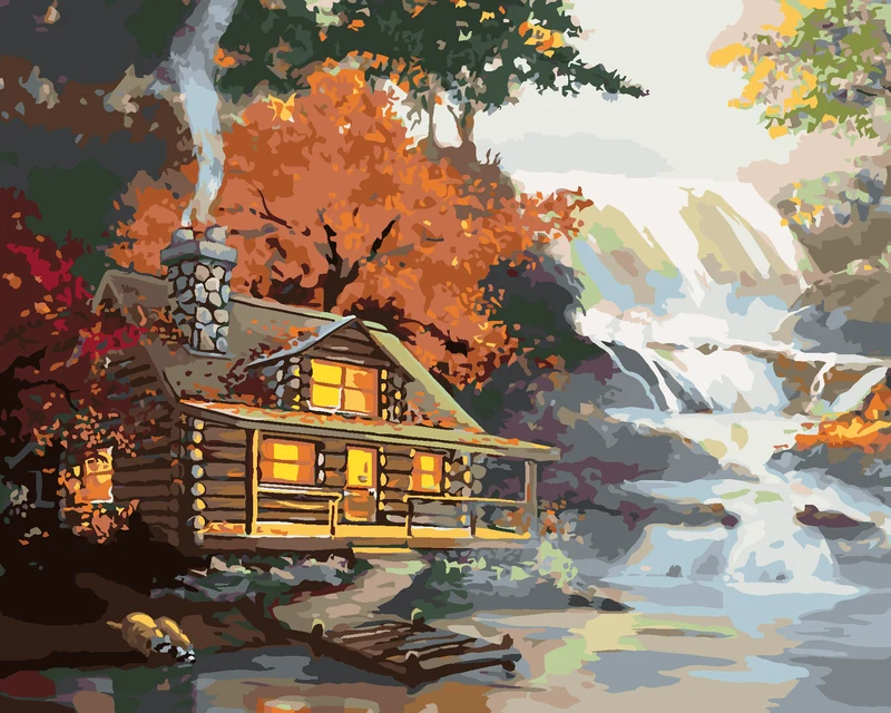 Diamond painting - WASCHBÄR, HÜTTE UND WASSERFALL (D. RUSTY RUST)
