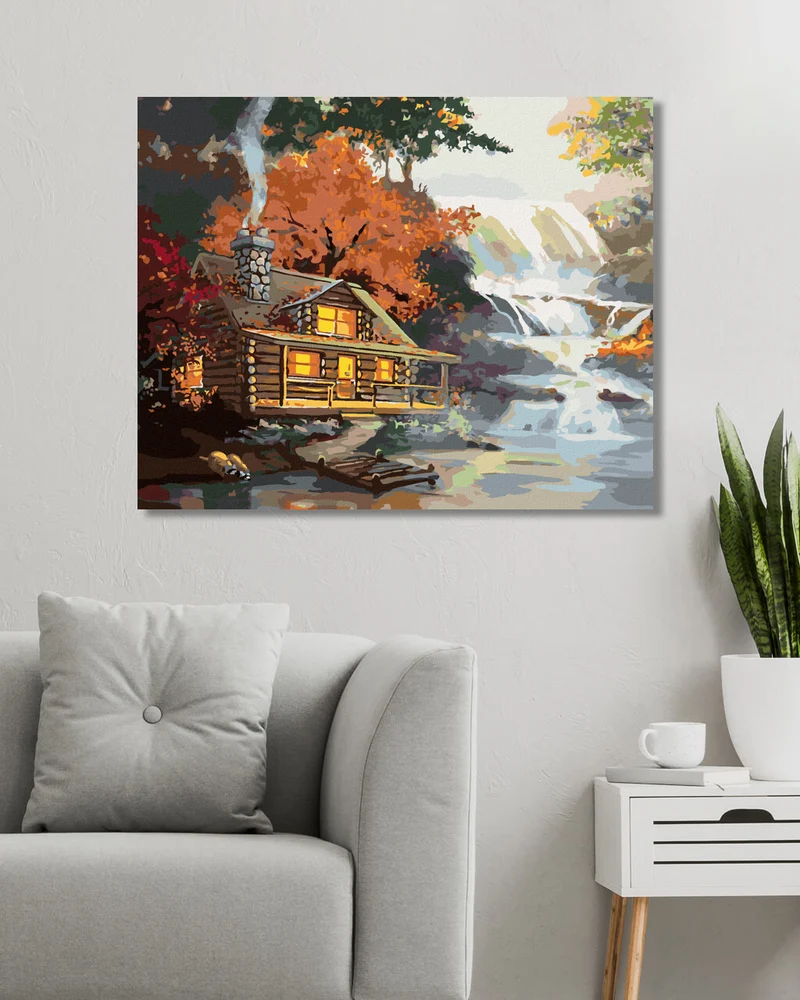 Diamond painting - WASCHBÄR, HÜTTE UND WASSERFALL (D. RUSTY RUST)