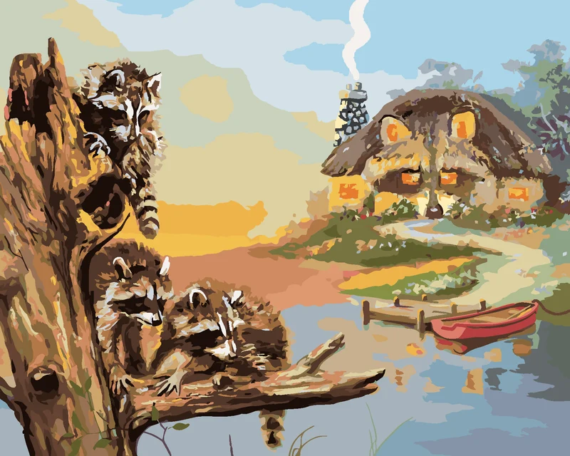 Diamond painting - WASCHBÄR AUF EINEM BAUMSTAMM, STEG MIT BOOT UND HÜTTE (D. RUSTY RUST)