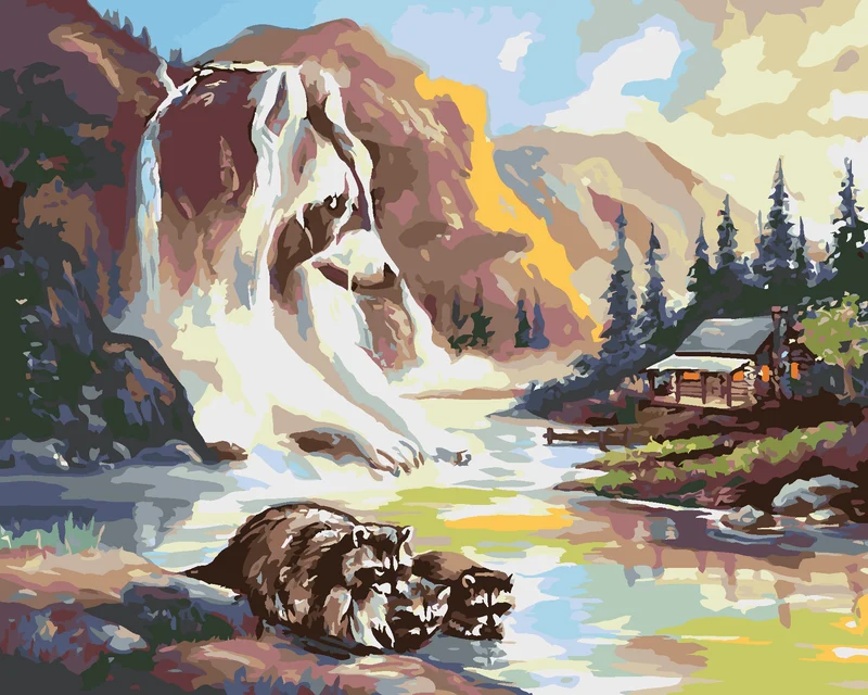 Diamond painting - WASCHBÄR AM FLUSS, WASSERFALL UND HÜTTE (D. RUSTY RUST)