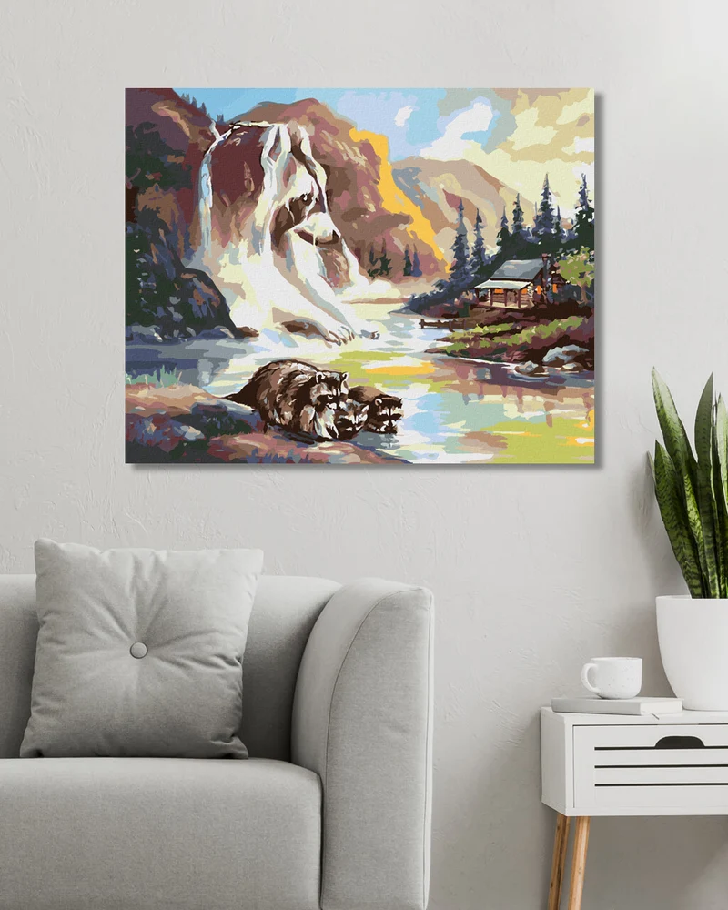Diamond painting - WASCHBÄR AM FLUSS, WASSERFALL UND HÜTTE (D. RUSTY RUST)